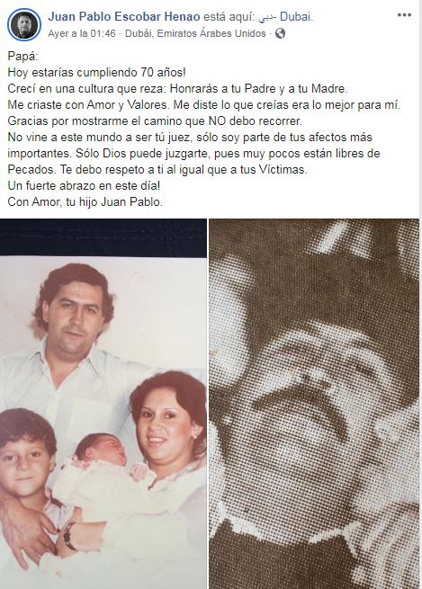 Hijo de Pablo Escobar envía reflexivo y emotivo mensaje por cumpleaños de su padre. 
