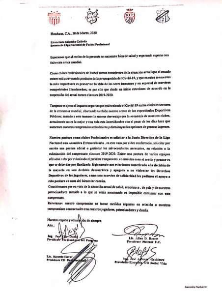 Esta es la carta enviada por los cuatro clubes.