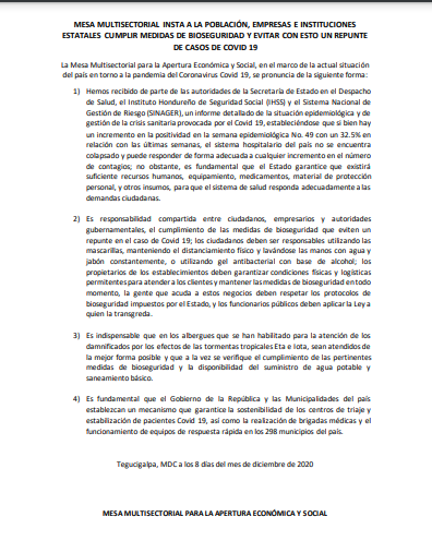 Mesa Multisectorial asegura que no hay colapso de hospitales en Honduras