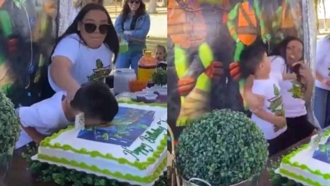 Niño se enoja con su tía al estrellarle su cara en pastel de cumpleaños y su reacción es viral Imagen de Niño se enoja con su tía al estrellarle su cara en pastel de cumpleaños y su reacción es viral