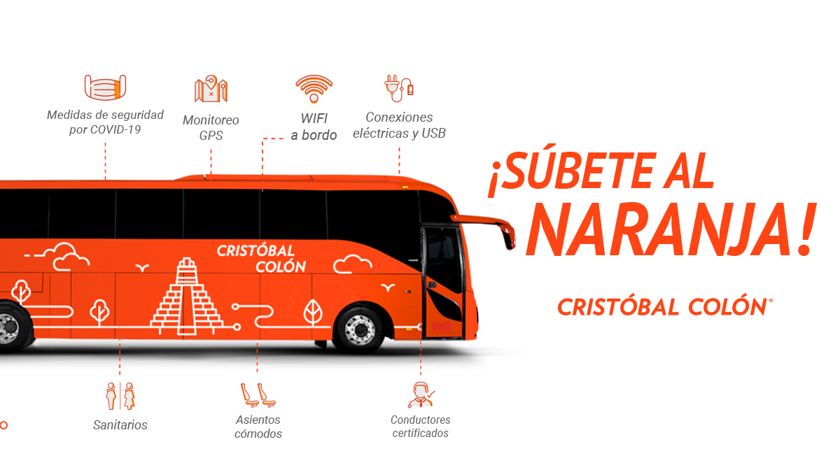 El eslogan de Autobuses Cristóbal Colón es "Súbete al naranja", ya que la mayoría de sus buses son exclusivamente de ese color. Foto: Autobuses Cristóbal Colón