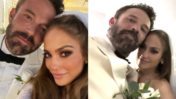 J-lo vistió un vestido blanco sencillo y corto, mientras Ben Affleck un traje blanco. Foto: Panorama Hoy