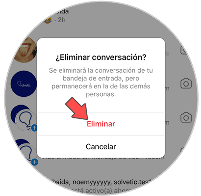 De esta manera se despliega la confirmación de Instagram para eliminar la conversación deseada. Foto: Solvetic