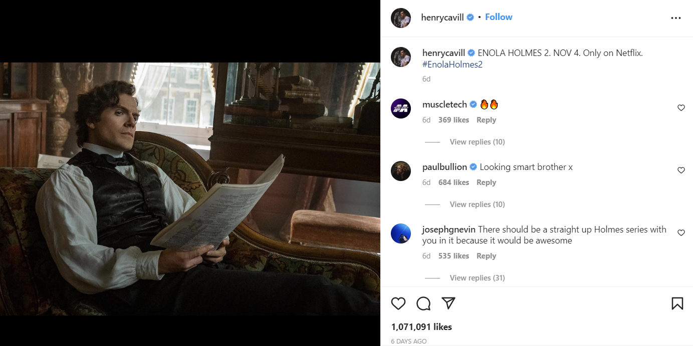 Henry Cavill actualmente se encuentra grabando y promocionando su nueva película "Enola Holmes 2", que se estrenará en Netflix. Foto: Instagram