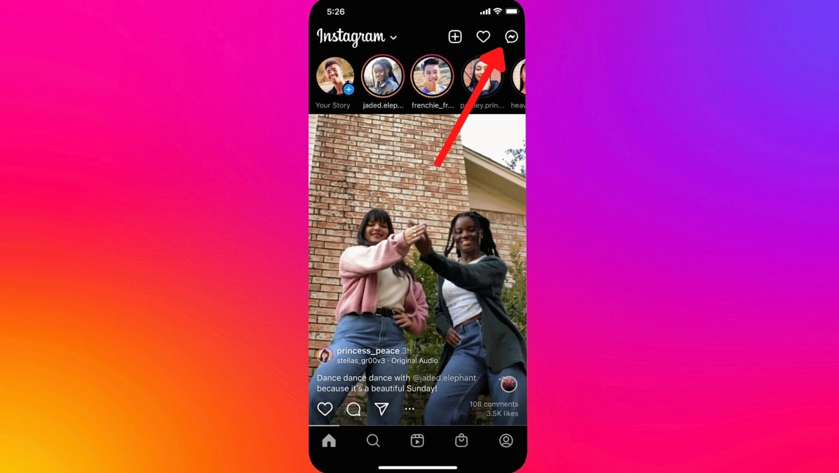 El ícono de mensajes es señalado desde las perspectiva del muro inicial de Instagram. Foto: Techcrunch.com
