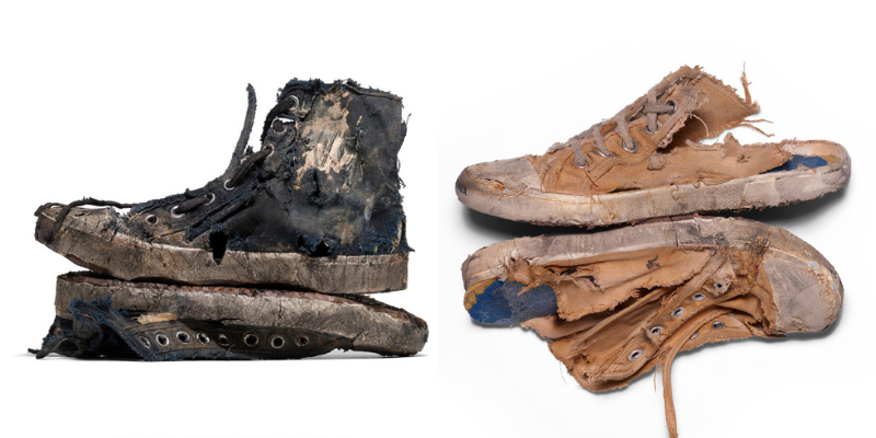 Dos de los modelos "extra destruidos" de la colección de Paris Sneaker por Balenciaga. Foto: Emirates Woman.