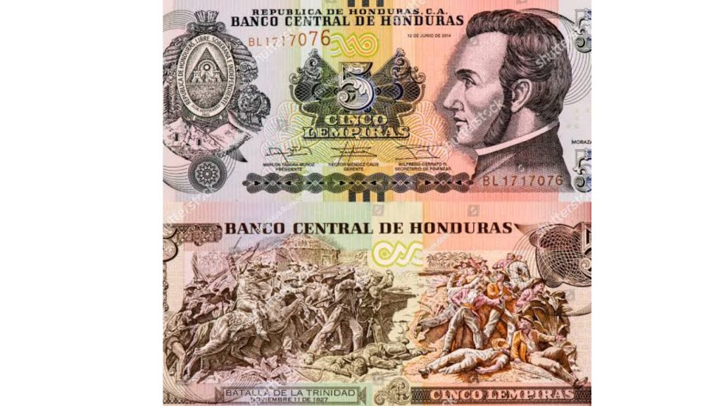Fotografía del prócer ubicada a lado izquierdo de un billete de cinco lempiras.