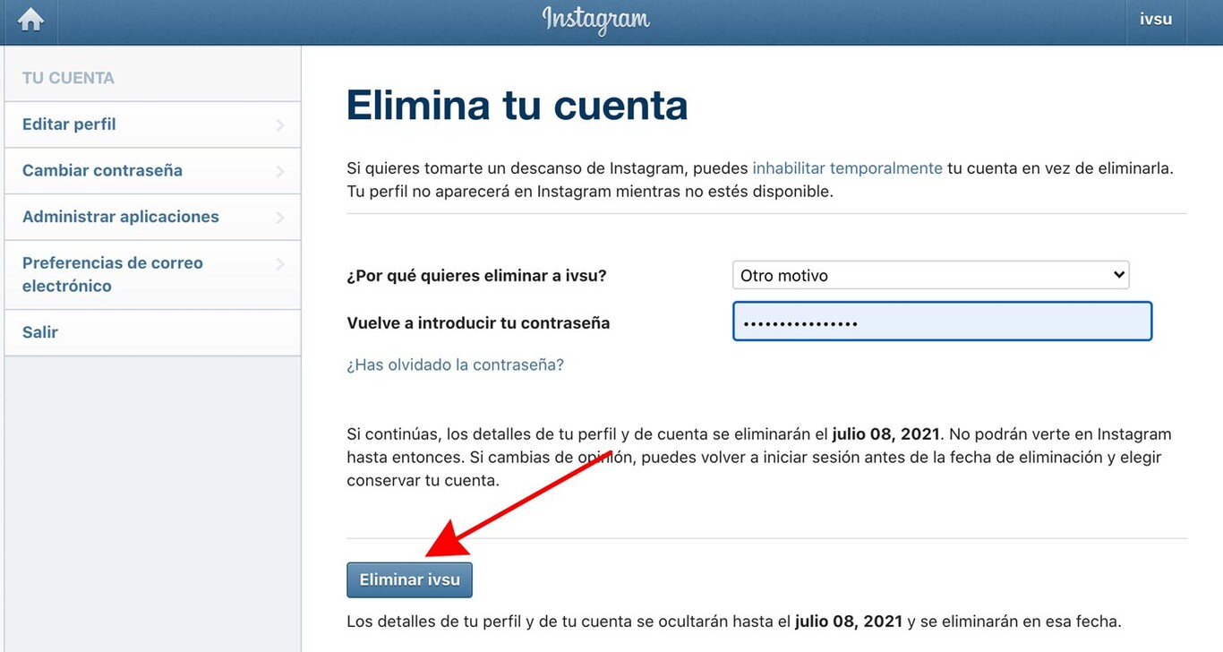 Eliminar cuenta de Instagram