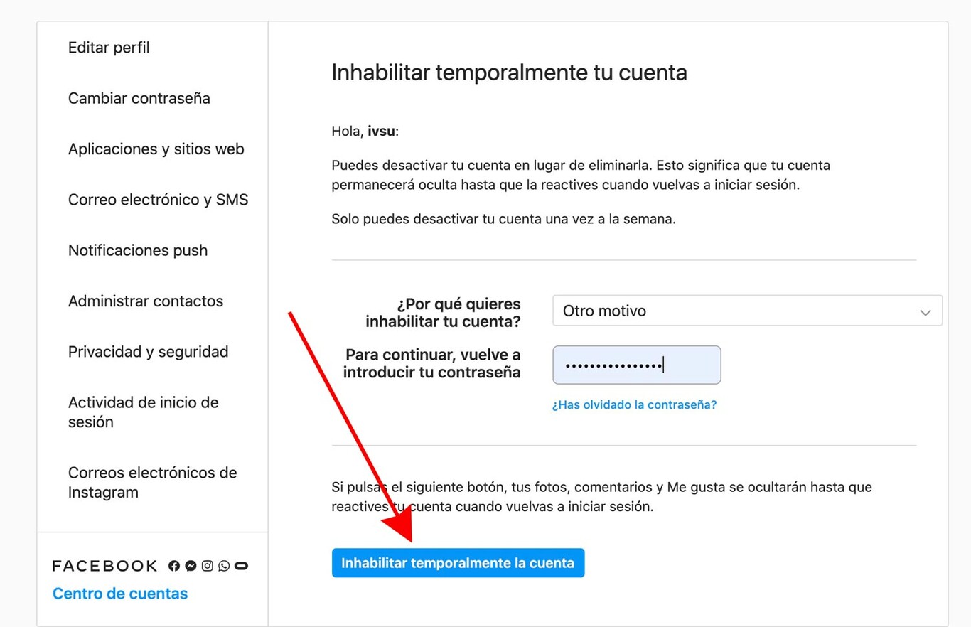 Eliminar cuenta de Instagram