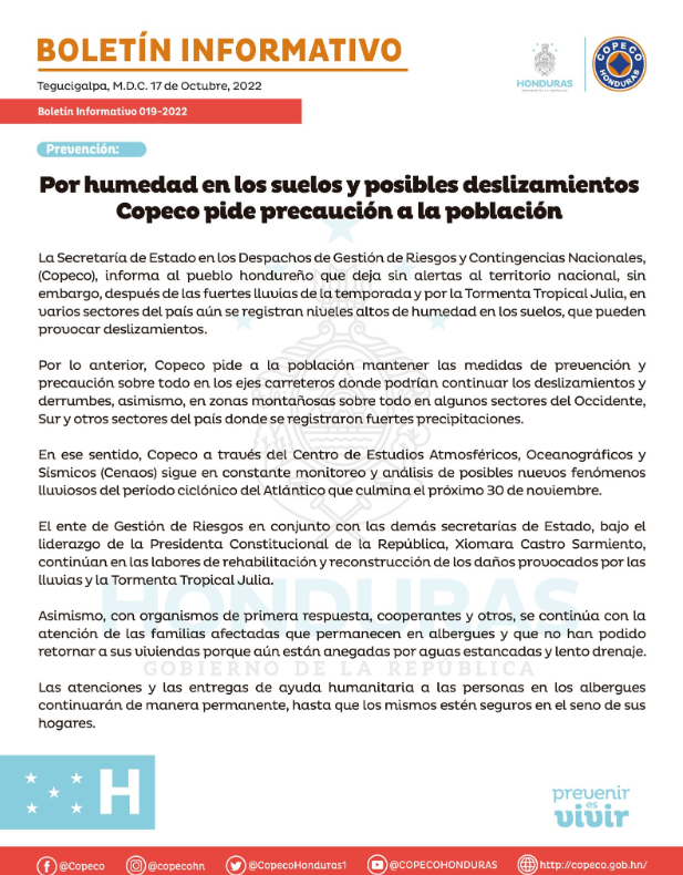 El Boletín Informativo de Copeco se publicó el pasado lunes 17 de octubre. Foto: Twitter Copeco
