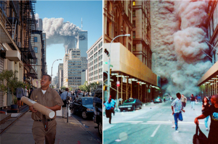 Momento de derrumbe en Torres Gemelas el 9/11. Foto: Hungry Boo