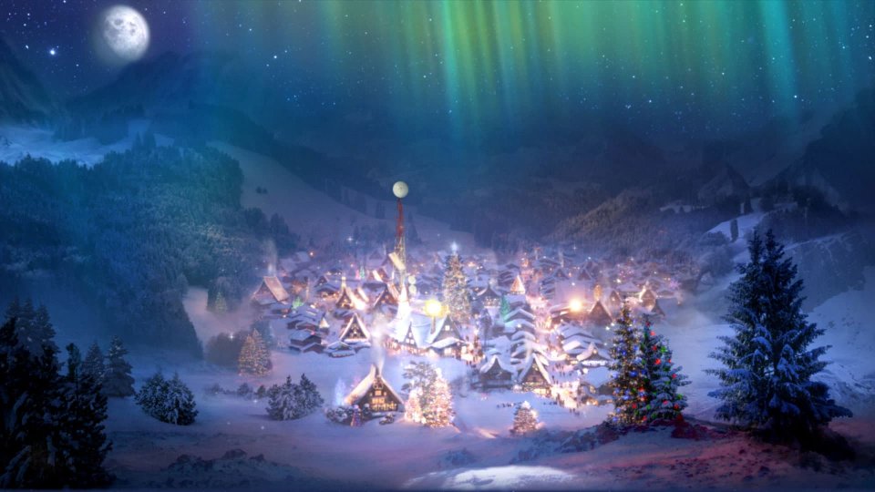 Aldea navideña bajo lo aurora boreal. Foto: Portable North Pole