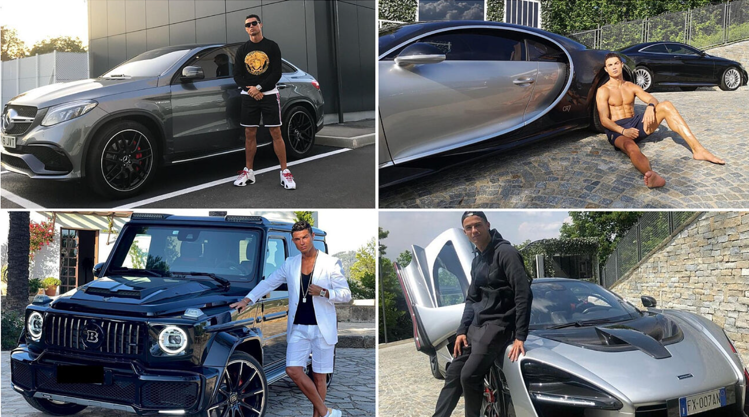 Cristiano Ronaldo posa junto a sus cuatro nuevas adquisiciones: Mercedes-AMF, un Bugatti Chiron, Brabus 800 y un Mclaren Senna. Foto: Marca