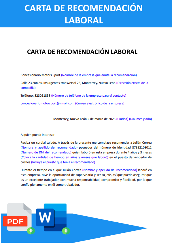Formato para una carta de recomendación laboral. Foto: Ejemplopedia