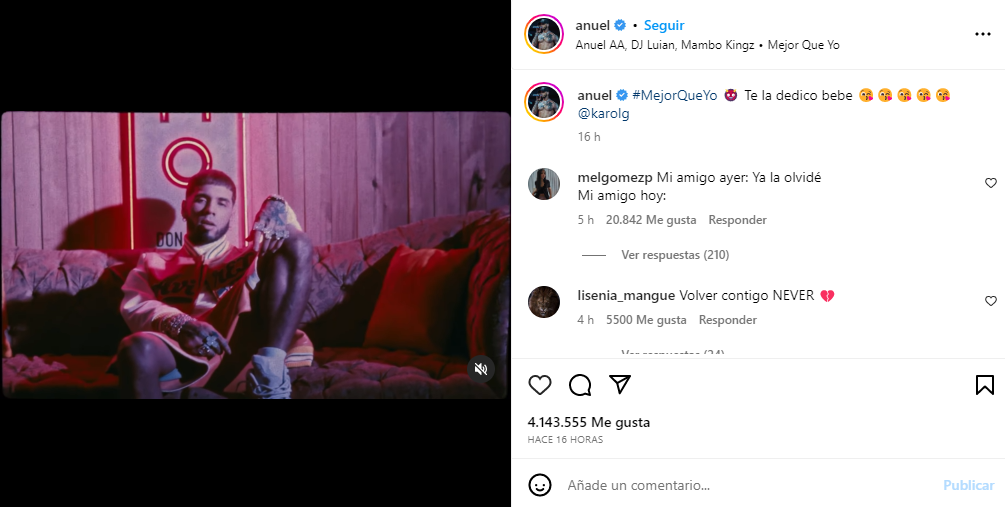 En su cuenta de Instagram, Anuel le dijo directamente a Karol G que le dedicaba la canción. Foto: Captura de pantalla