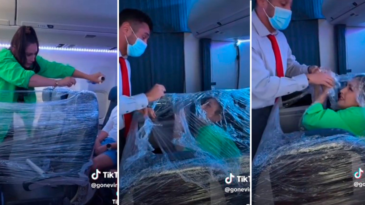 VIDEO: Mujer envuelve su asiento en plástico porque quería viajar aislada en un vuelo Imagen de VIDEO: Mujer envuelve su asiento en plástico porque quería viajar aislada en un vuelo
