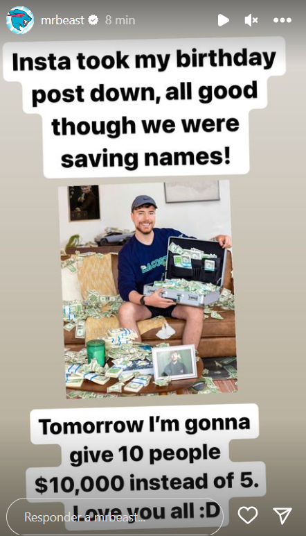 Historia publicada por Mr. Beast esta mañana. Foto: Instagram