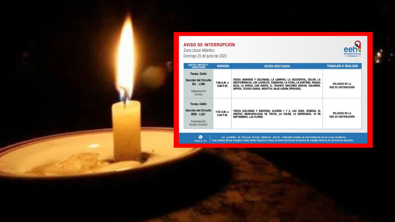Cortes de energía programados para hoy, domingo 25 de junio por parte de la ENEE y EEH Imagen de Cortes de energía programados para hoy, domingo 25 de junio por parte de la ENEE y EEH