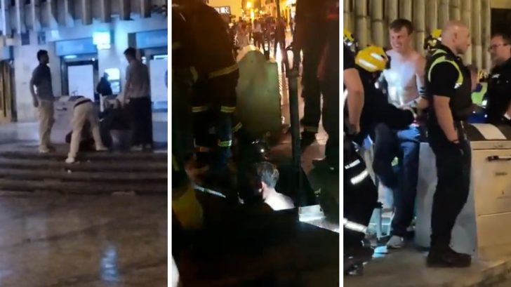 VIDEO: Joven pasado de copas se metió en un basurero y se quedó atorado