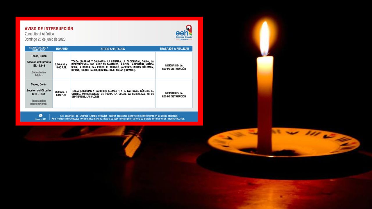 Imagen de Plan de interrupciones de energía eléctrica de la ENEE para este domingo 25 de junio