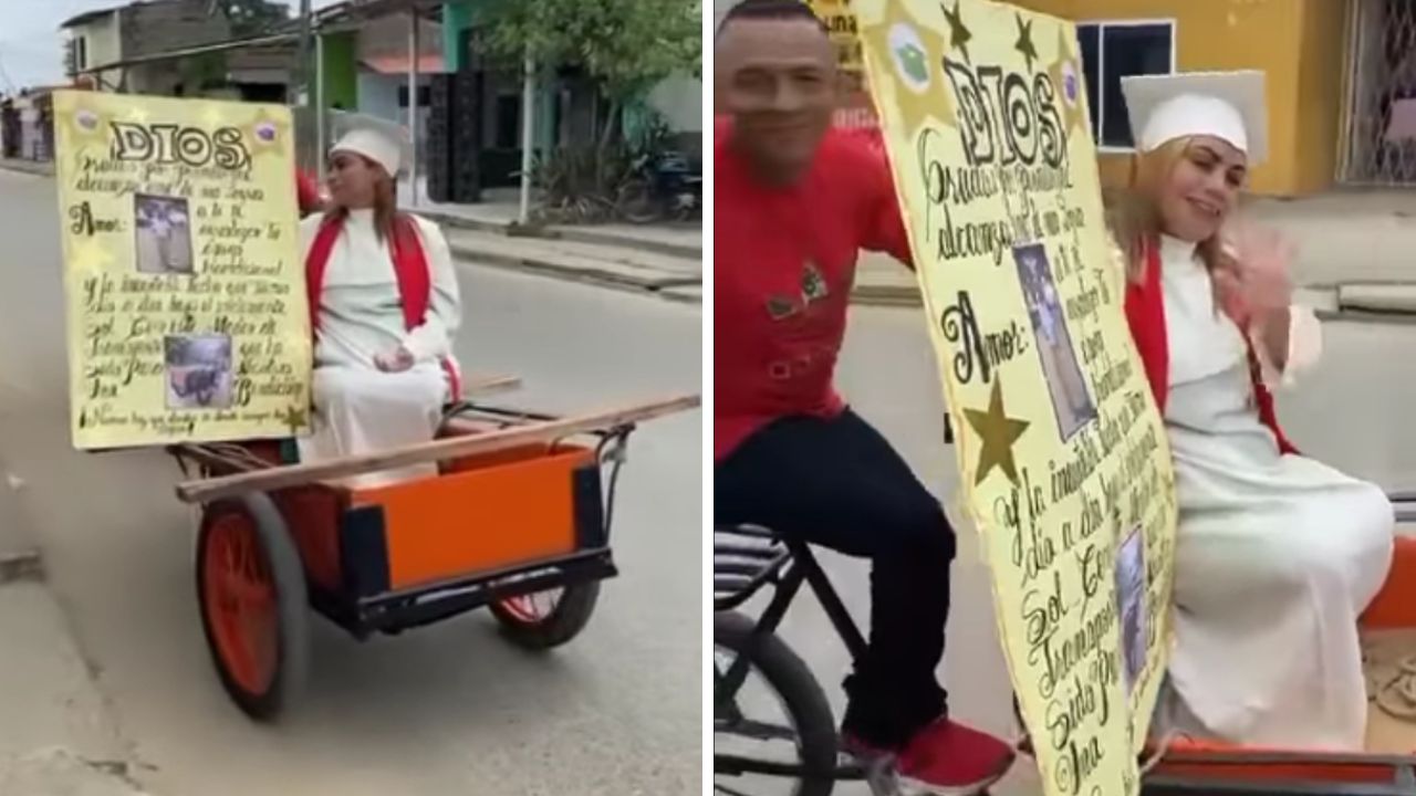Imagen de ¡Agradecida! Mujer llega a su graduación en carretilla donde su esposo vende verduras