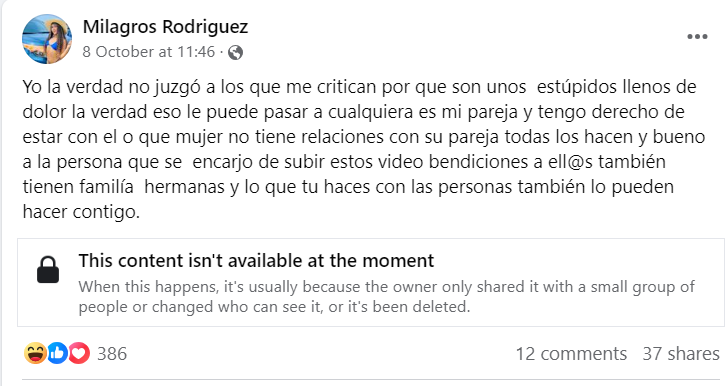 Publicación de Milagros Rodríguez. Foto: Facebook