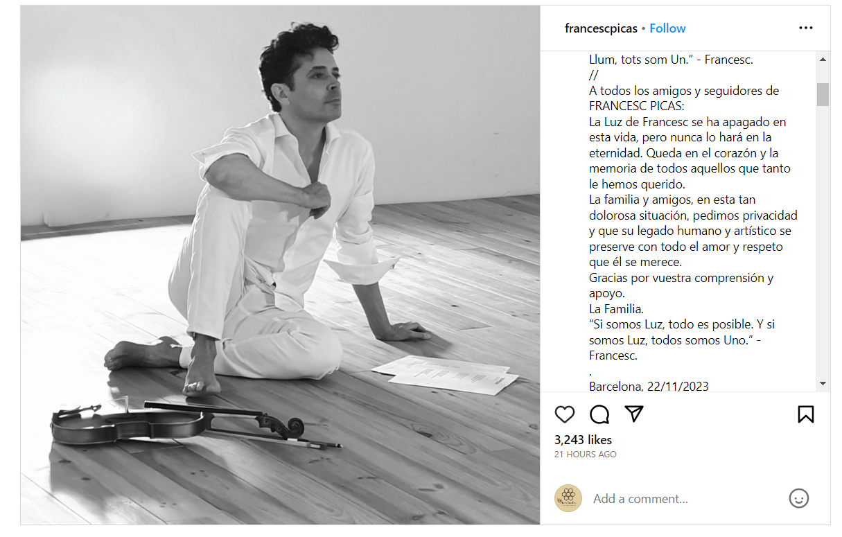 Anuncio sobre la muerte de Francesc Picas. Foto: Instagram