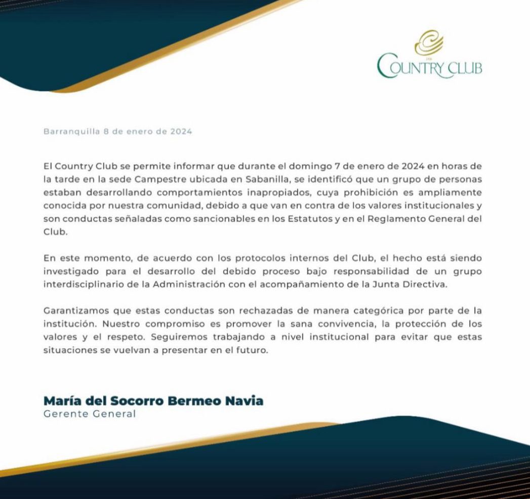 Comunicado del Country Club de Barranquilla. Foto: X