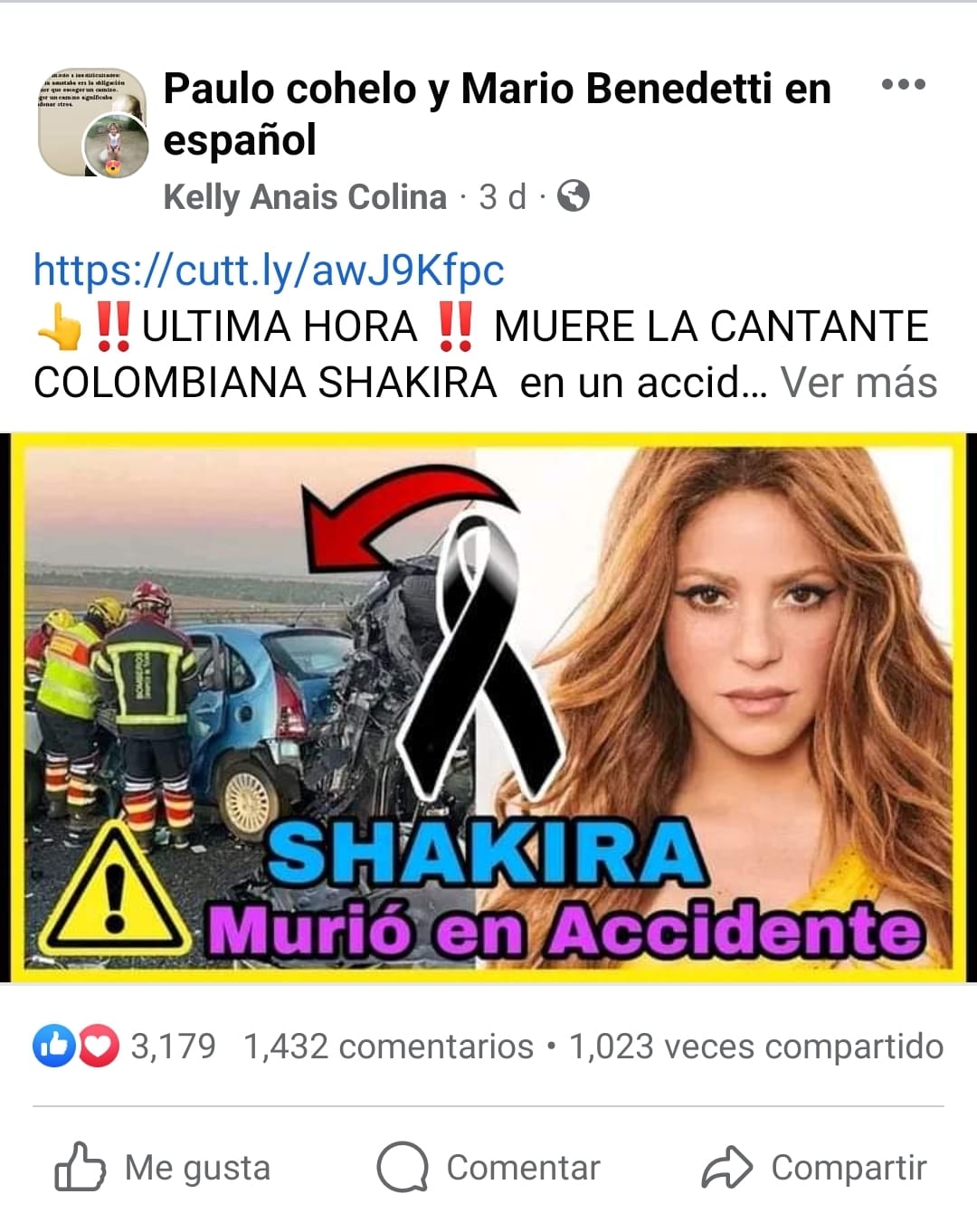 Captura de pantalla del supuesto accidente donde murió Shakira.