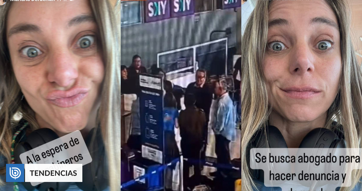 Mariana Derderián haciendo muecas en fotos y una captura del video del incidente en el aeropuerto