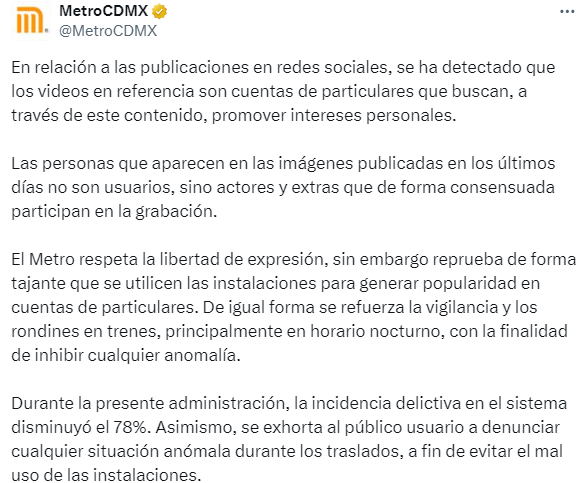 Escrito en X del metro de CDMX respecto al video de Luna Bella