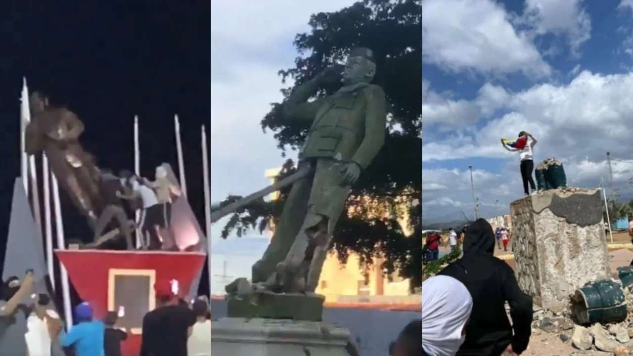 Manifestantes derriban dos estatuas de Chávez tras reelección de Maduro en Venezuela Imagen de Manifestantes derriban dos estatuas de Chávez tras reelección de Maduro en Venezuela