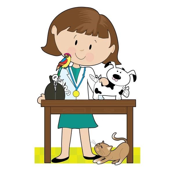 Caricatura de veterinaria con medalla, un botiquín y mascotas a su al rededor.