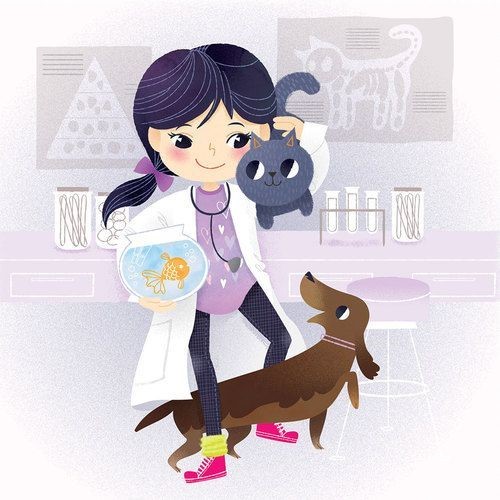 Imágen de veterinaria cargando un pez, un gato y entre sus piernas un perro.