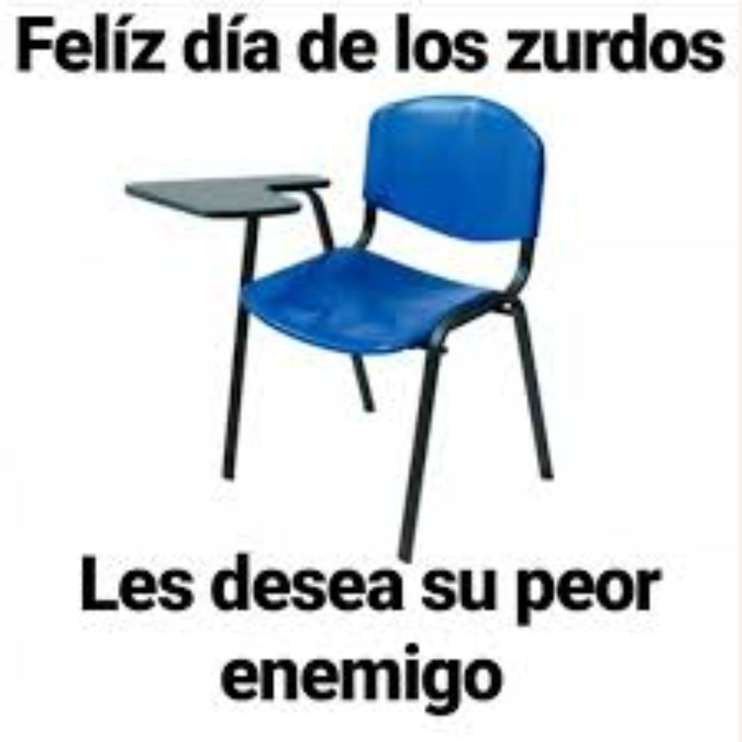 Imagen de silla para diestros que dice Feliz día de los zurdos.