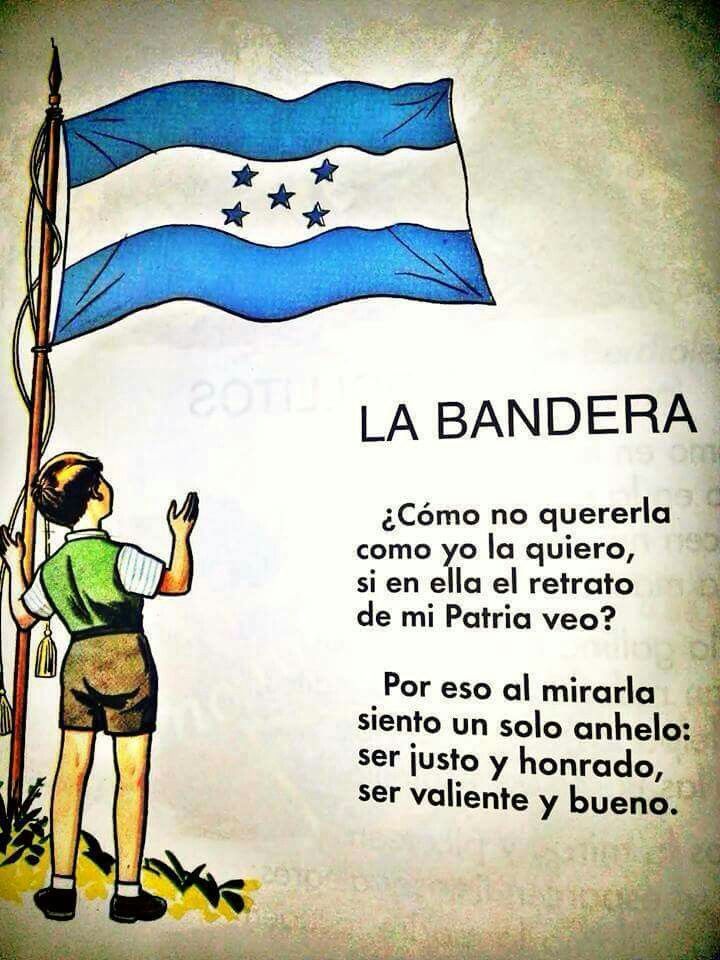 Persona sosteniendo la bandera nacional y un poema a la derecha 