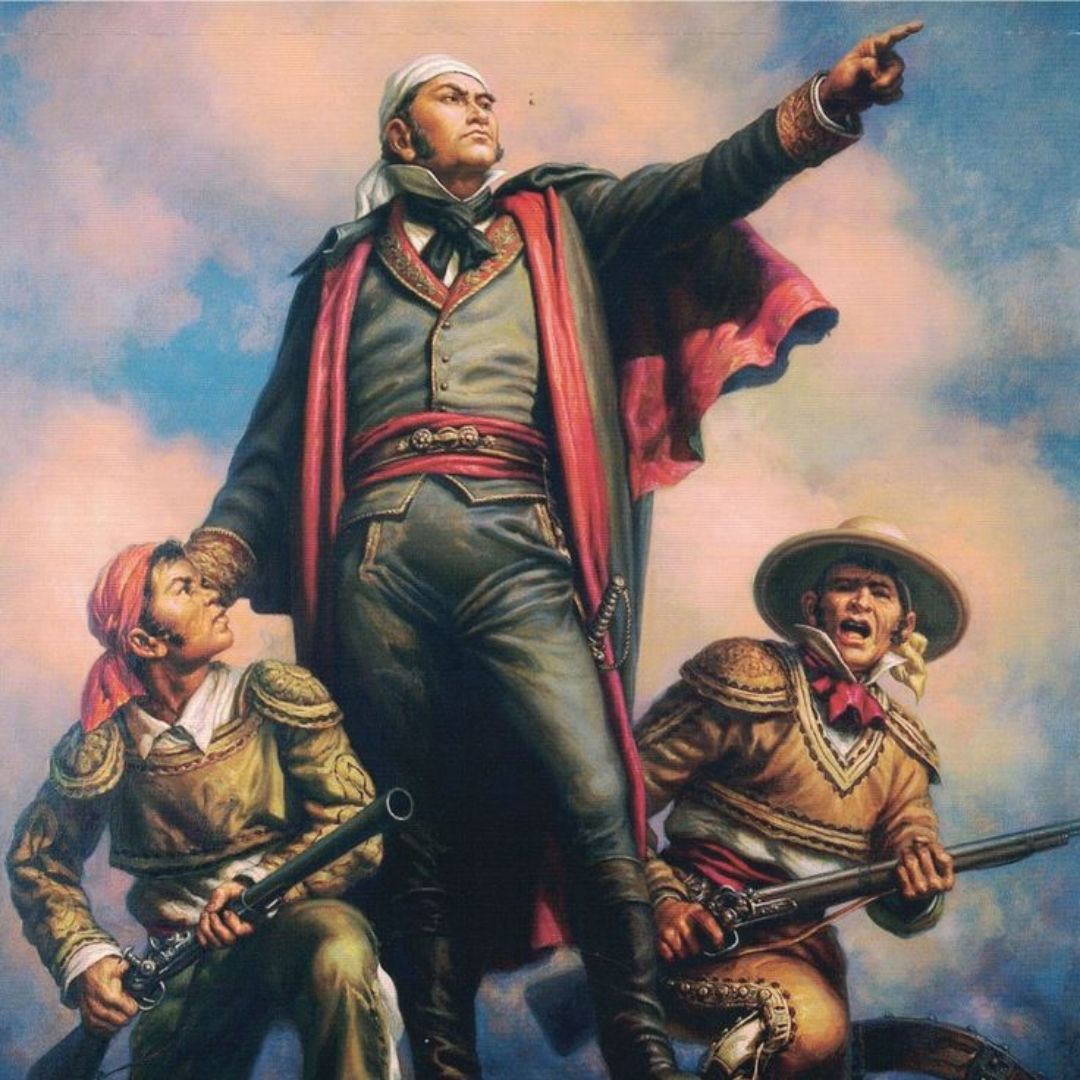 José María de Morelos de pie junto a  dos hombres listos para atacar.