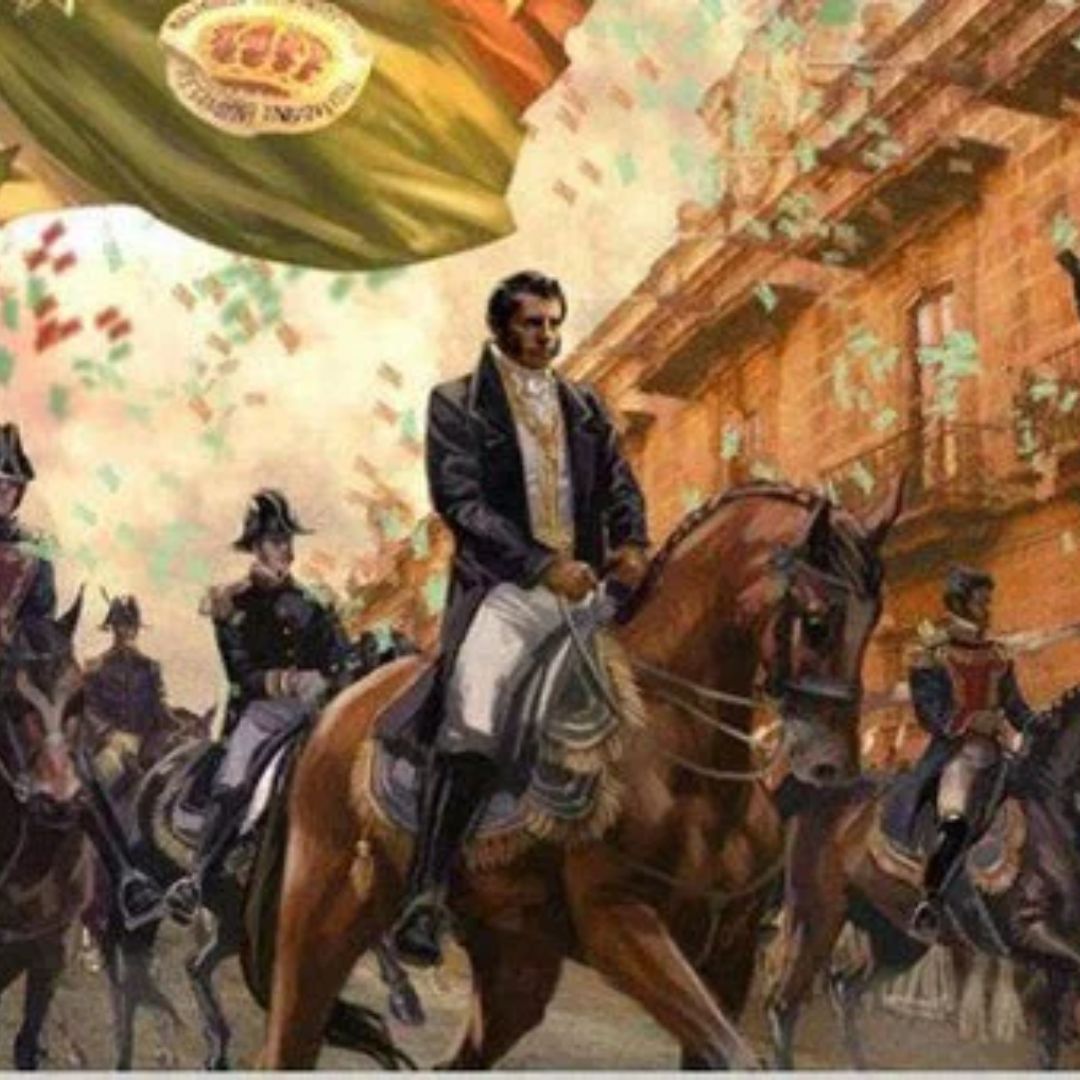 José María Morelos a caballo con traje y sombrero celebrado la victoria de la independencia de México