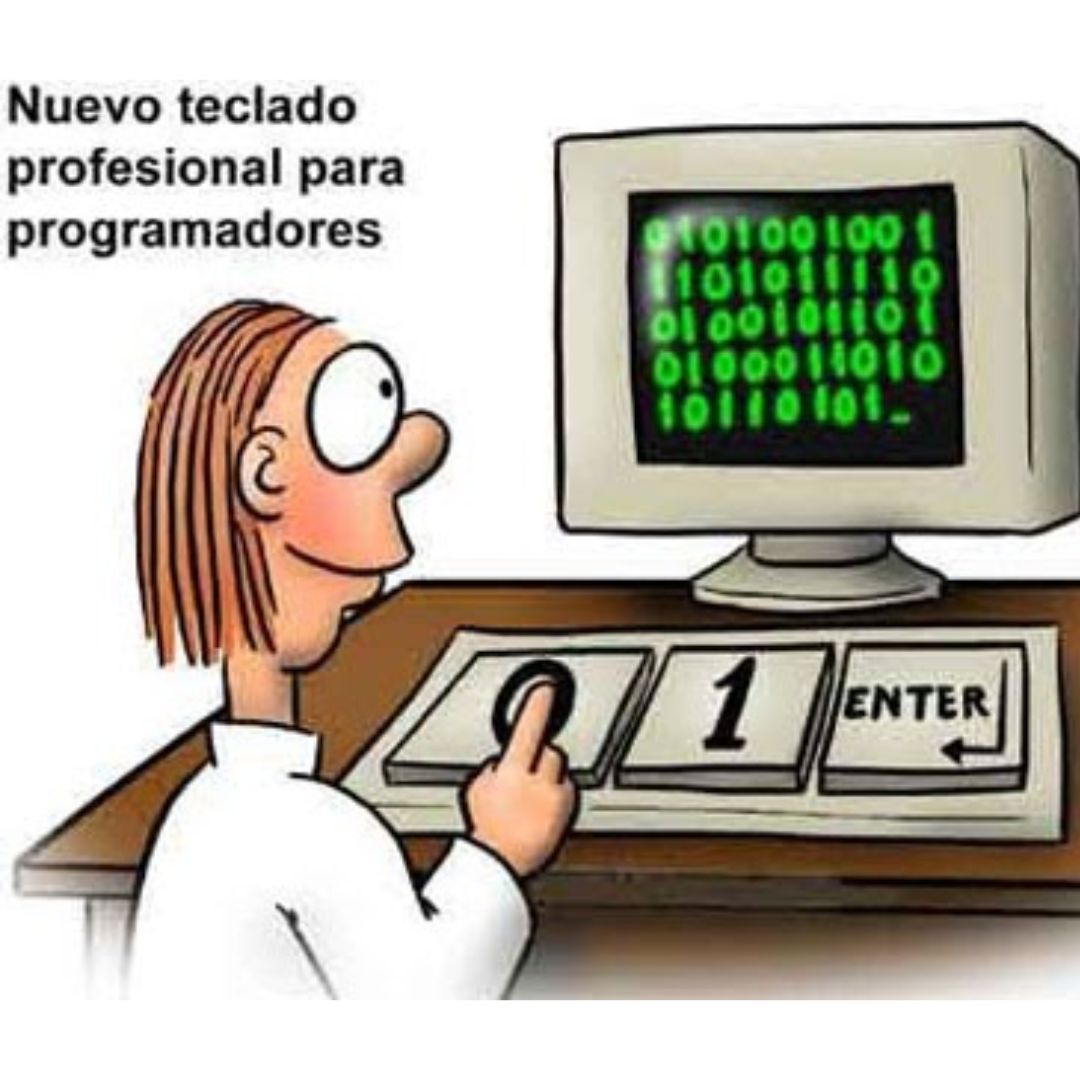 Meme de programador en el que saled frente a una computadora con muchos códigos que llevan el número 0 y 1.
