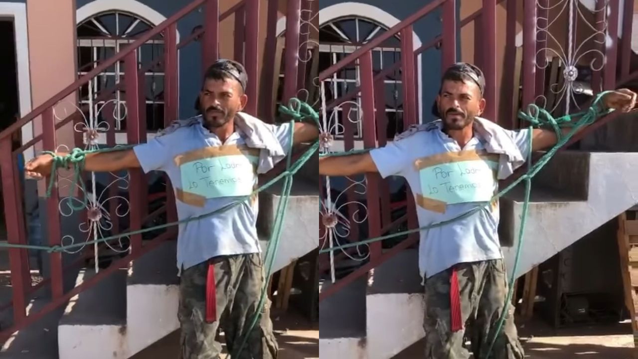 Imagen de VIDEO: amarran a 'ladrón' en Olancho y lo exhiben con rótulo