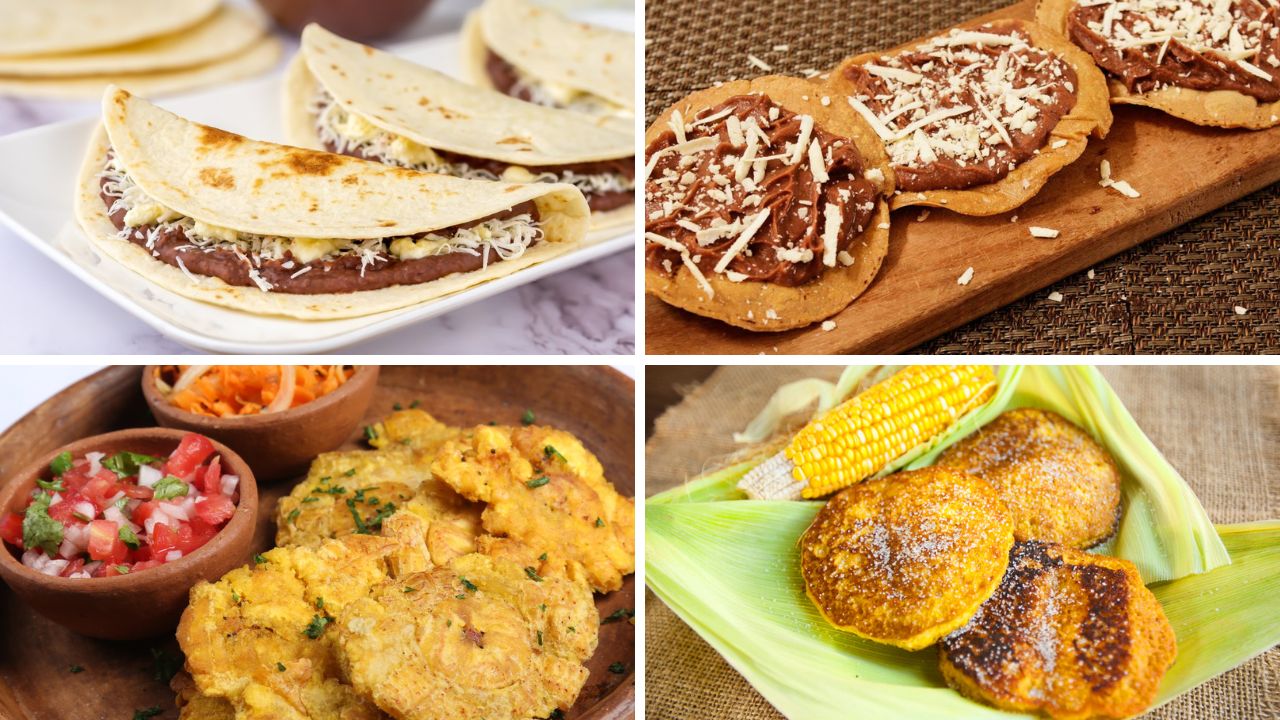 cuatro antojitos hondureños lado izquierdo baleadas y tostones. lado derecho catrachas y fritas de elote