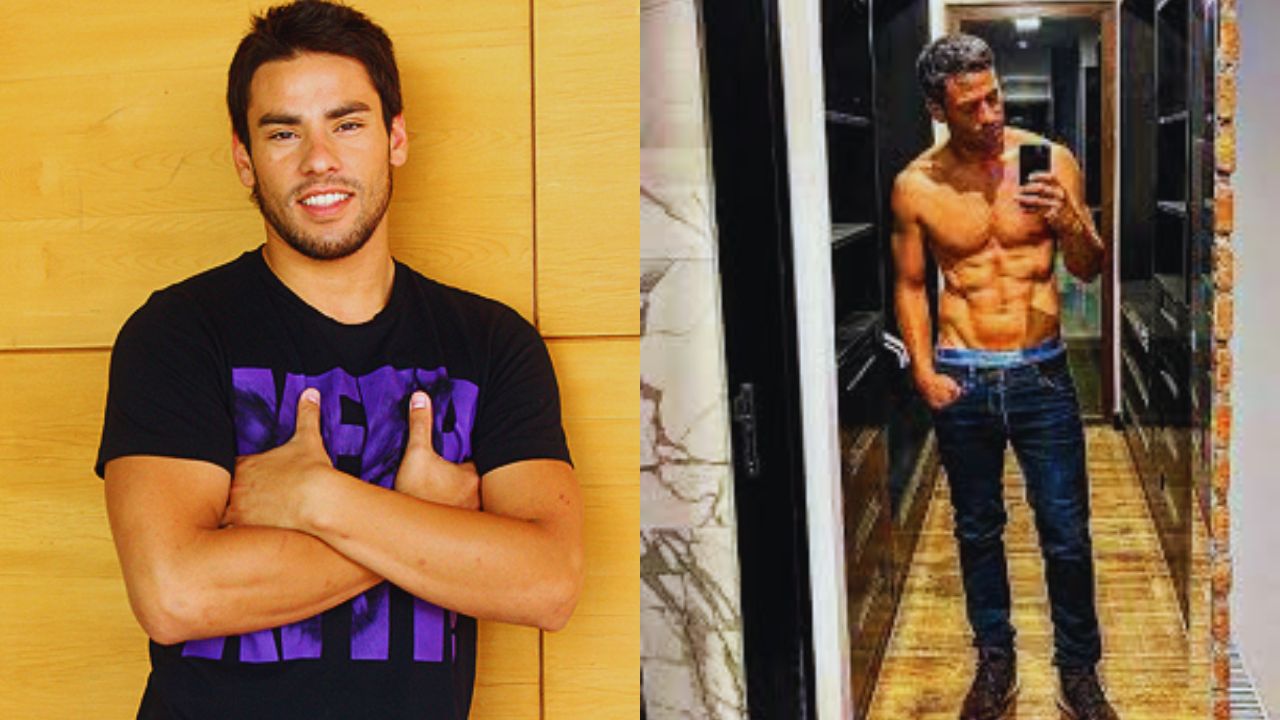 Claudio Valdivia en la foto de la derecha con una camisa negra y los brazos cruzados, en la foto de la izquierda sale sin camiseta y con pantalón jeans azul frente a un espejo.