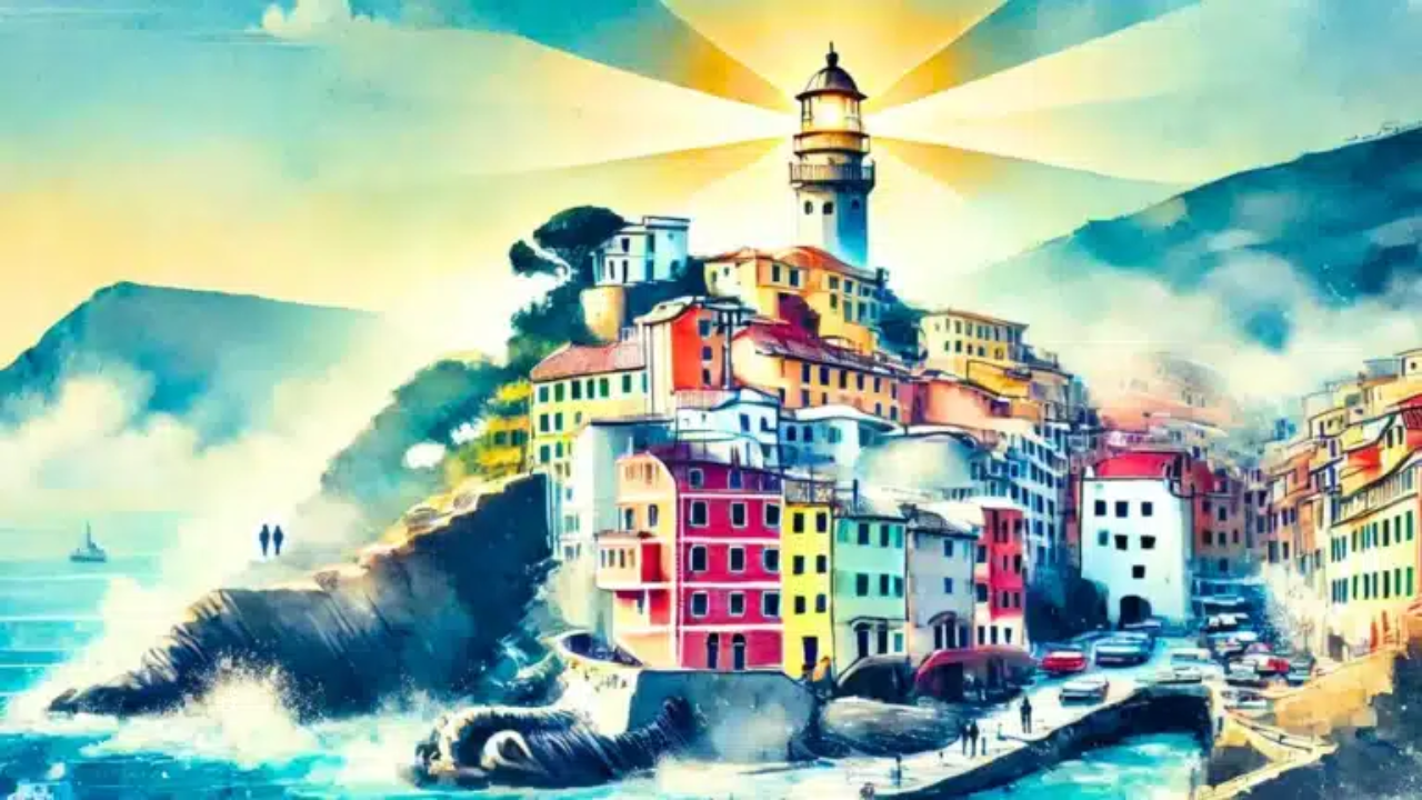 El amanecer ilumina un pintoresco pueblo costero con un faro, representando una tranquila y serena vista del mar.