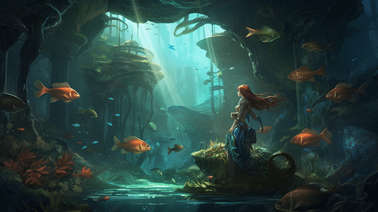 Una imagen de una cuidad bajo el agua, donde se ven peces color anaranjado y una sirena con pelo largo.