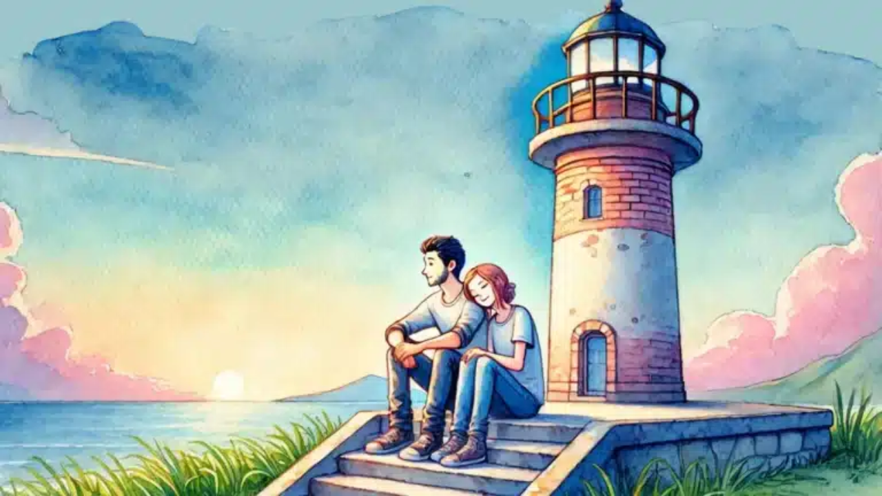 Una pareja disfruta de un momento de tranquilidad sentada en las escaleras de un faro color blanco y rojo, viendo el atardecer.