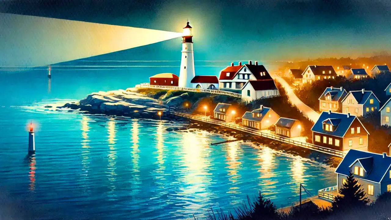 Un faro color blanco ilumina una serena bahía color azul, reflejándose en el agua en una tranquila noche estrellada.