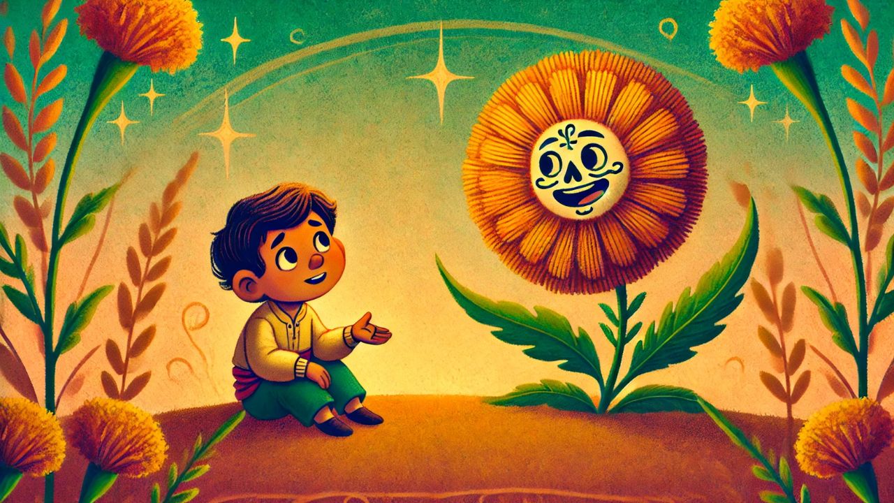 Niño hablando con una flor en animado