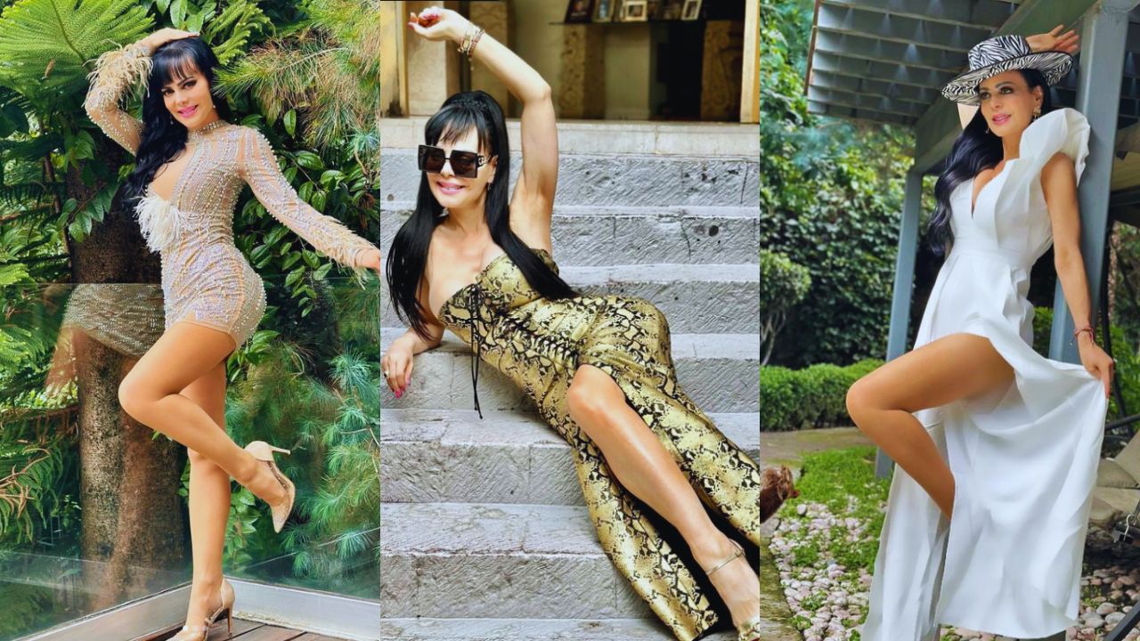 Maribel Guardia, en la foto de la izquierda aparece con un vestido corto color beige. En la foto del centro aparece con un vestido plateado con figuras negras. En la foto de la derecha aparece con un vestido largo color blanco.