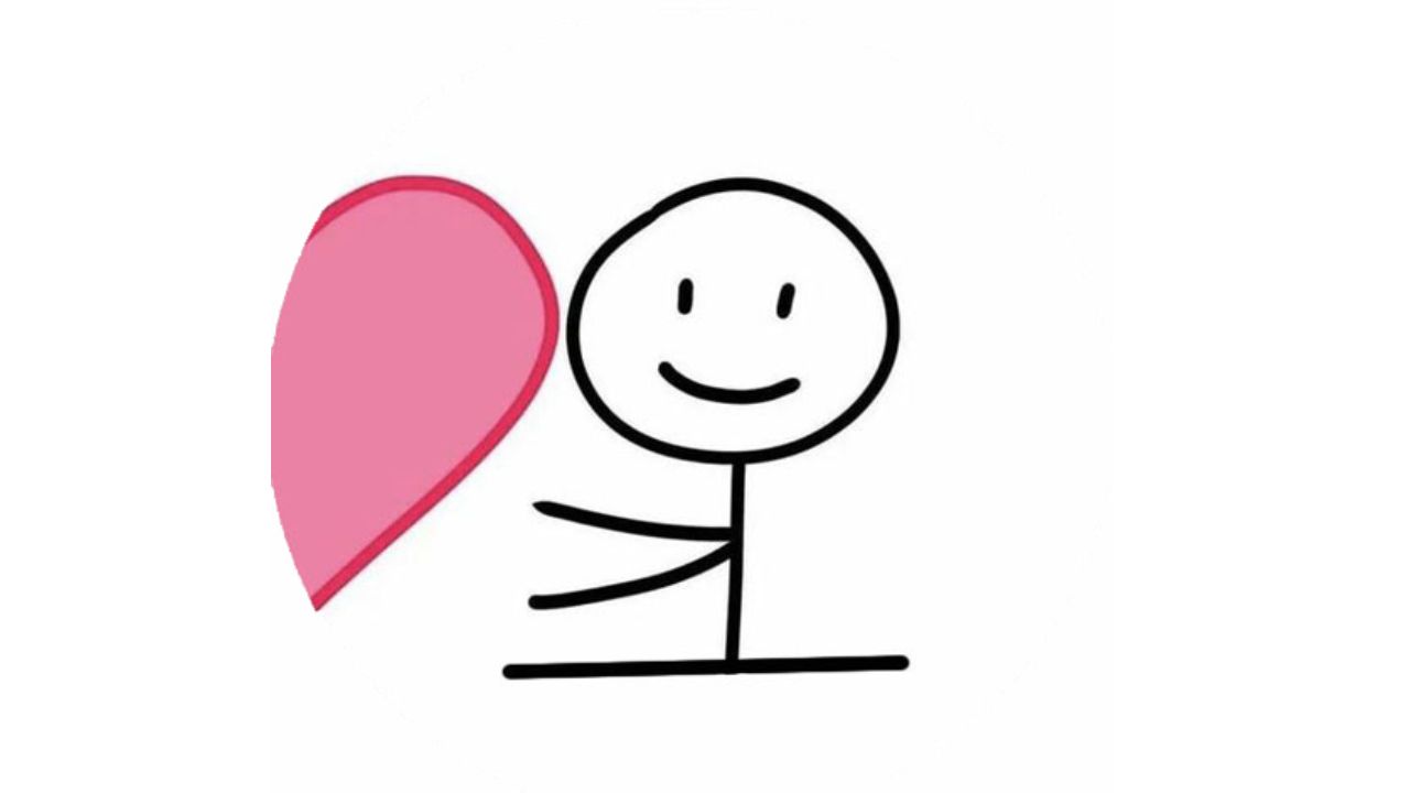 Hombre en dibujo con otra mitad de corazón color rosado.