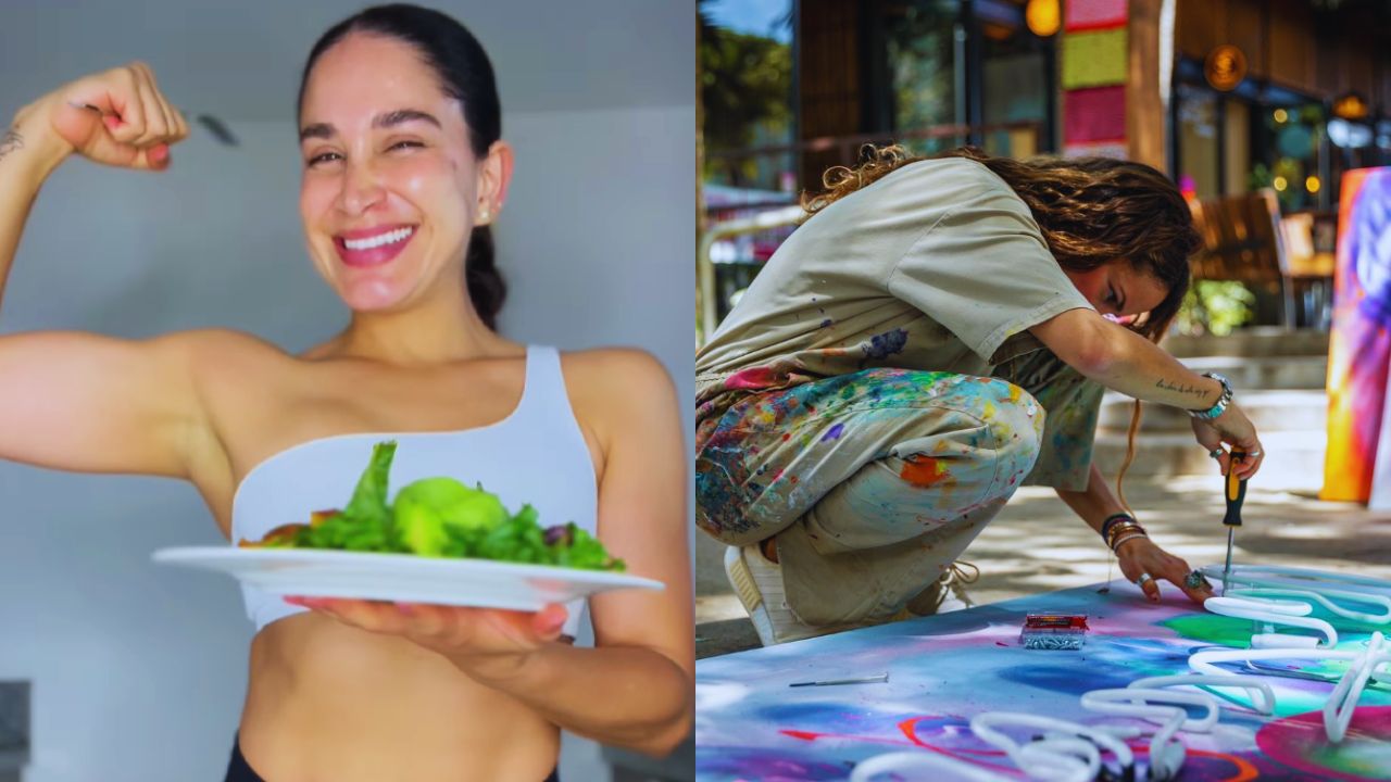 Fotos de las hijas de Pedro Sarmiento, en la foto de la izquierda aparece Pamela vestida con blusa blanca y sosteniendo un plato de lechuga y verduras. En la foto de la derecha, aparece Paula pintando un cuadro de colores y con su camisa gris manchada